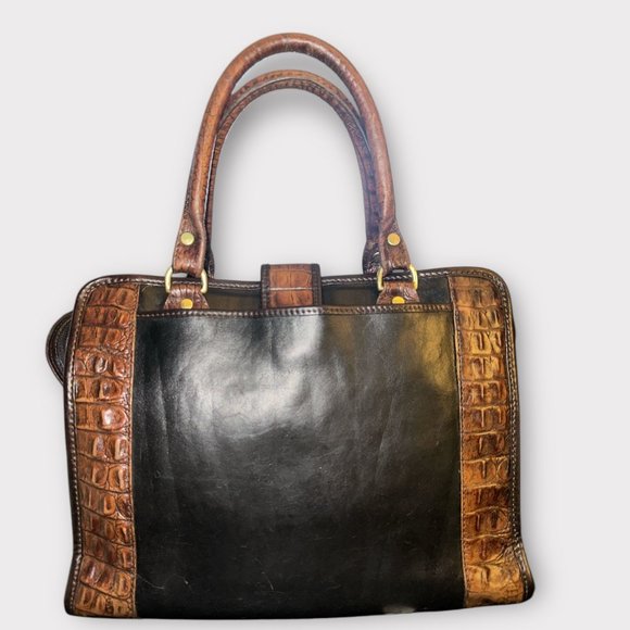 VTG Brahmin Purse Black Leather Pecan Croc Tuscan Too Satchel Convert Crossbody - Picture 4 of 11